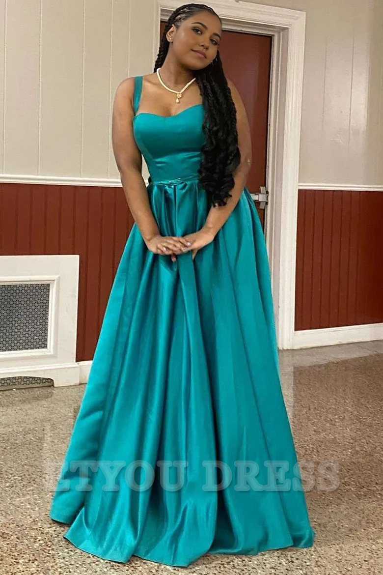 A-Line Scoop Straps Pleated Satin Sleeveless Long formal dresses evening gown Prom Dress